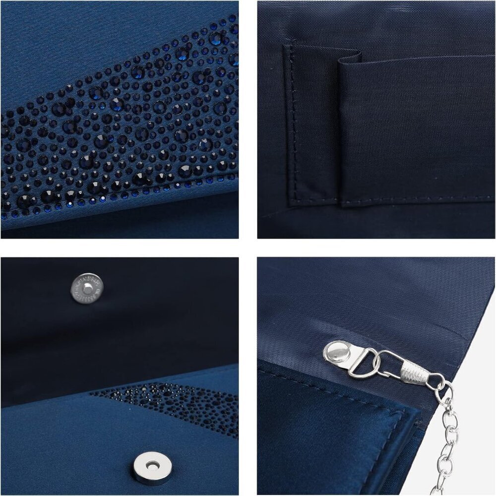 Women's Navy Satin Rhinestone Evening Clutch Bag Sparkle Glitter Purse - Picture 4 of 7